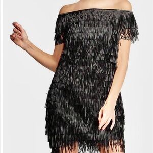 Sho by Tadashi Shoji Black Fringe Off Shoulder Crepe Flapper Mini Dress  12 NWT